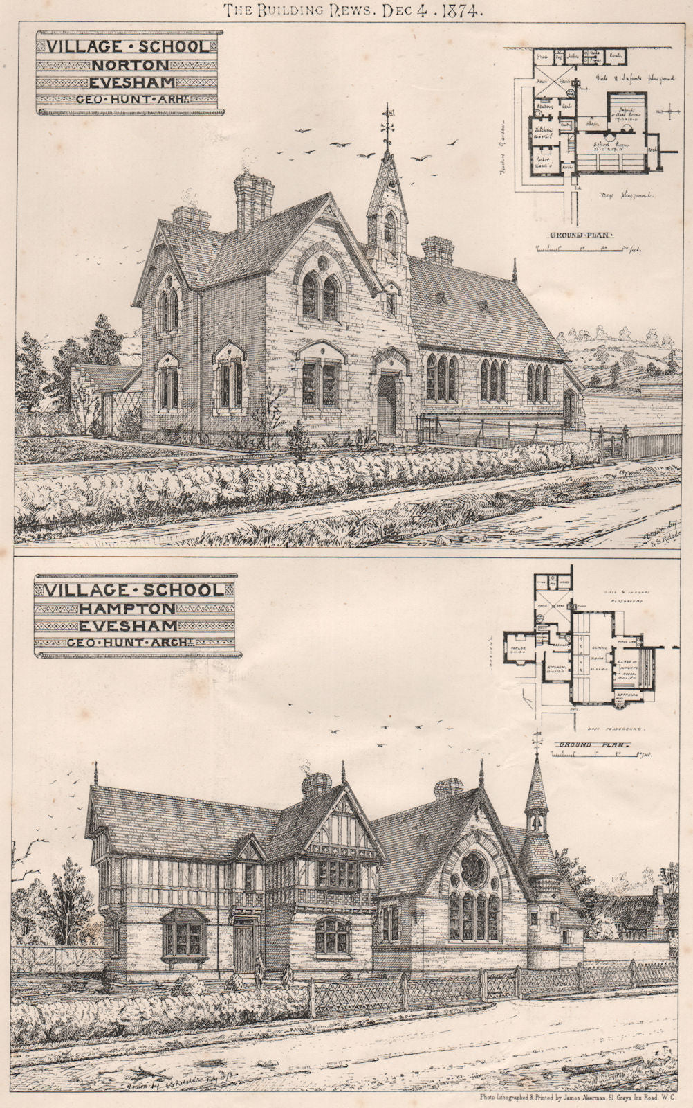 Village schools, Norton Evesham & Hampton Evesham, Derbyshire 1874 old print